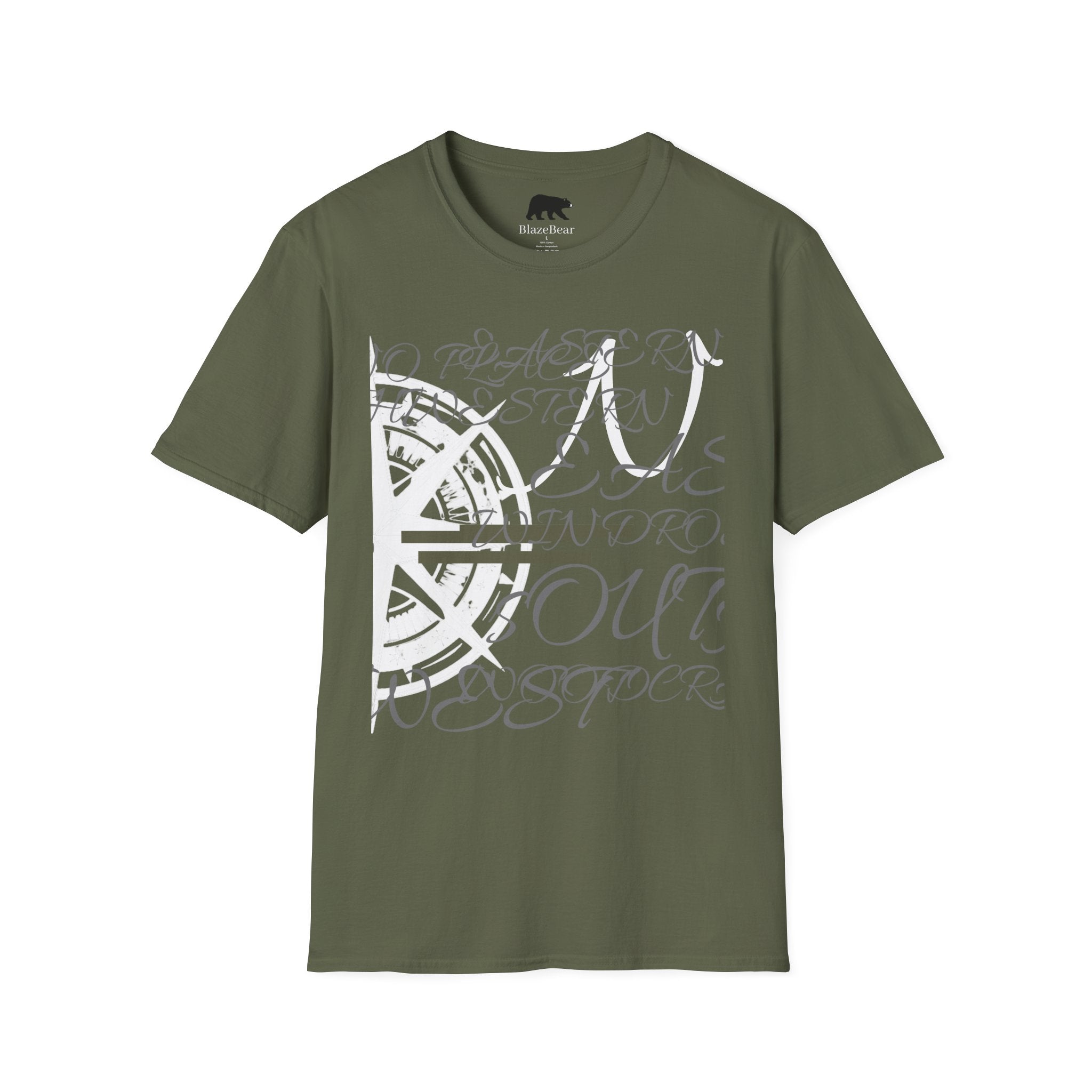 Compass Script T‑Shirt — Nautical Compass & Calligraphy Graphic